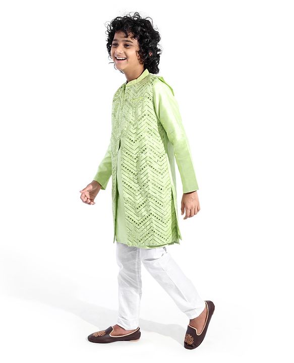 Pine Kids Woven Full Sleeves Solid Colour Kurta & Pajama Set with Mirror Worked Jacket - Lime Green