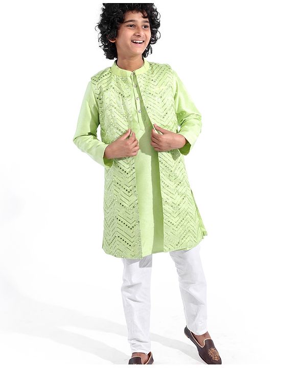 Pine Kids Woven Full Sleeves Solid Colour Kurta & Pajama Set with Mirror Worked Jacket - Lime Green