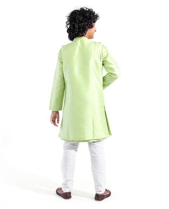 Pine Kids Woven Full Sleeves Solid Colour Kurta & Pajama Set with Mirror Worked Jacket - Lime Green