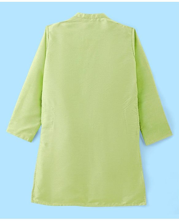 Pine Kids Woven Full Sleeves Solid Colour Kurta & Pajama Set with Mirror Worked Jacket - Lime Green