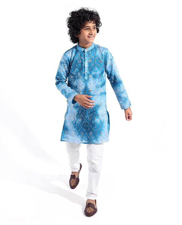 Pine Kids Woven Full Sleeves Floral Embroidered Kurta Pyjama Set - Blue