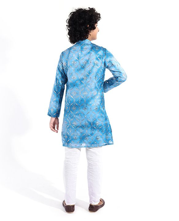 Pine Kids Woven Full Sleeves Floral Embroidered Kurta Pyjama Set - Blue