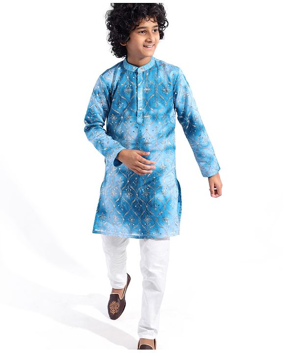 Pine Kids Woven Full Sleeves Floral Embroidered Kurta Pyjama Set - Blue