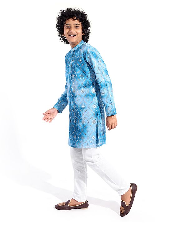 Pine Kids Woven Full Sleeves Floral Embroidered Kurta Pyjama Set - Blue