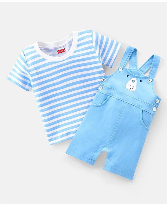 Babyhug Cotton Knit Dungaree with Striped Inner Tee & Teddy Applique - Blue