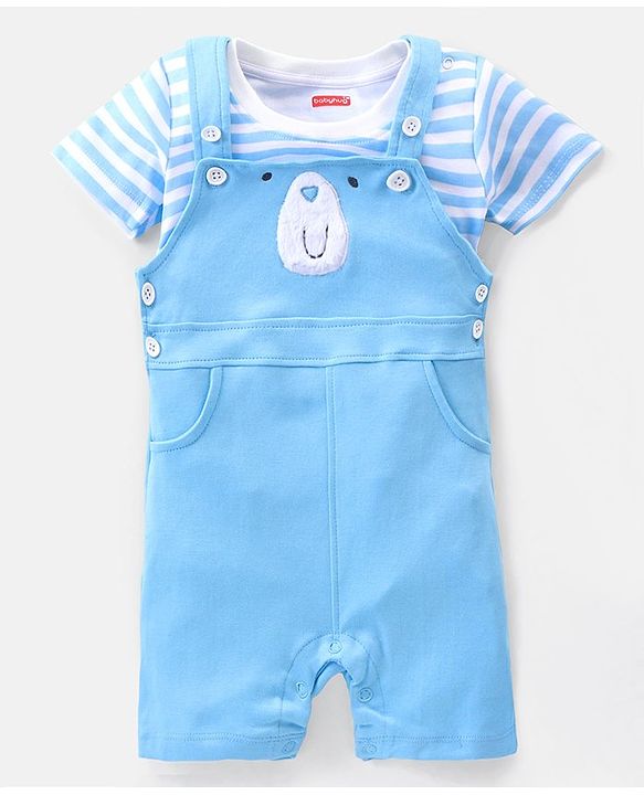 Babyhug Cotton Knit Dungaree with Striped Inner Tee & Teddy Applique - Blue