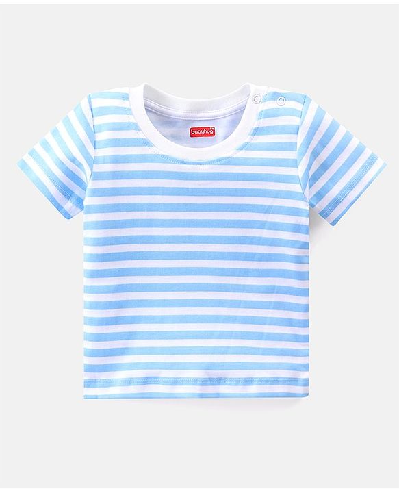 Babyhug Cotton Knit Dungaree with Striped Inner Tee & Teddy Applique - Blue