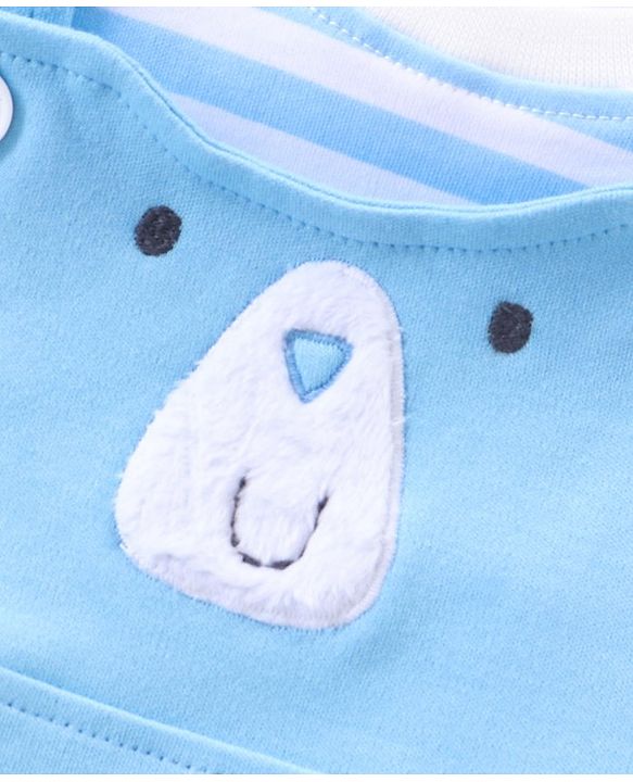 Babyhug Cotton Knit Dungaree with Striped Inner Tee & Teddy Applique - Blue