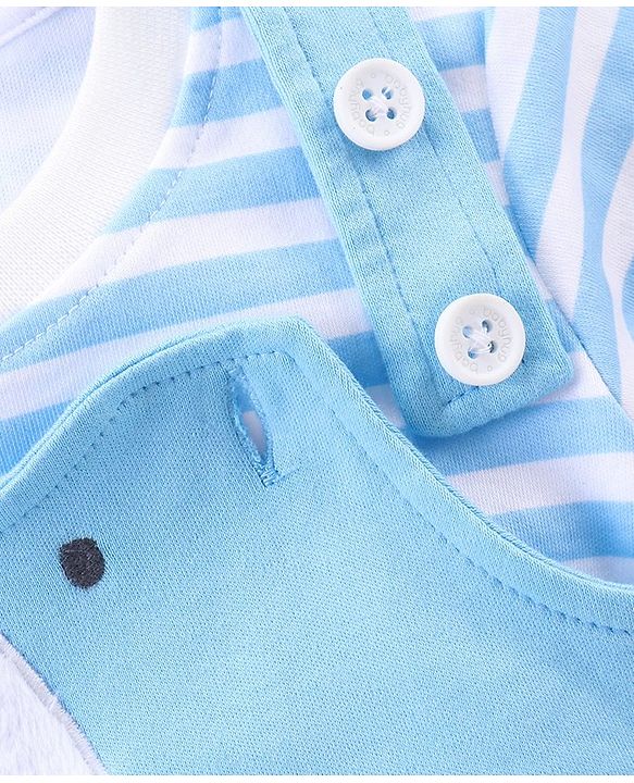 Babyhug Cotton Knit Dungaree with Striped Inner Tee & Teddy Applique - Blue