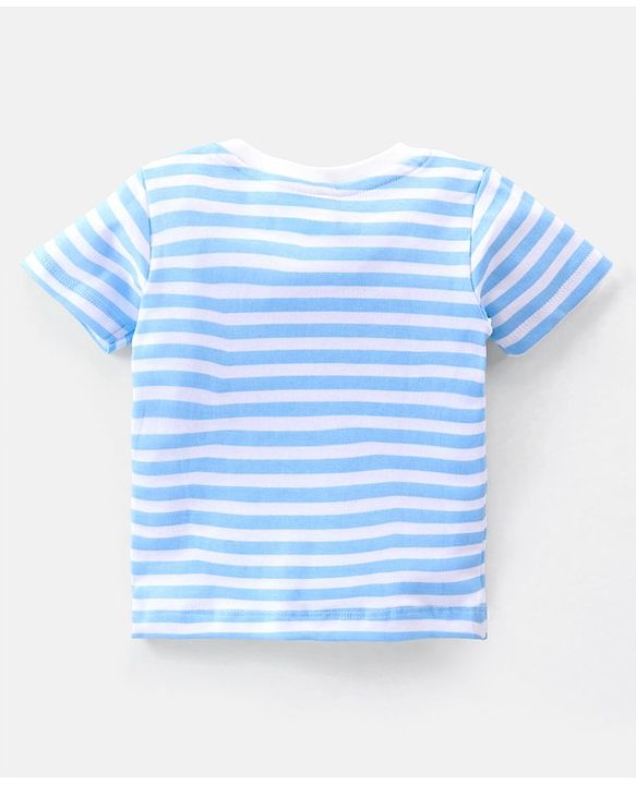 Babyhug Cotton Knit Dungaree with Striped Inner Tee & Teddy Applique - Blue
