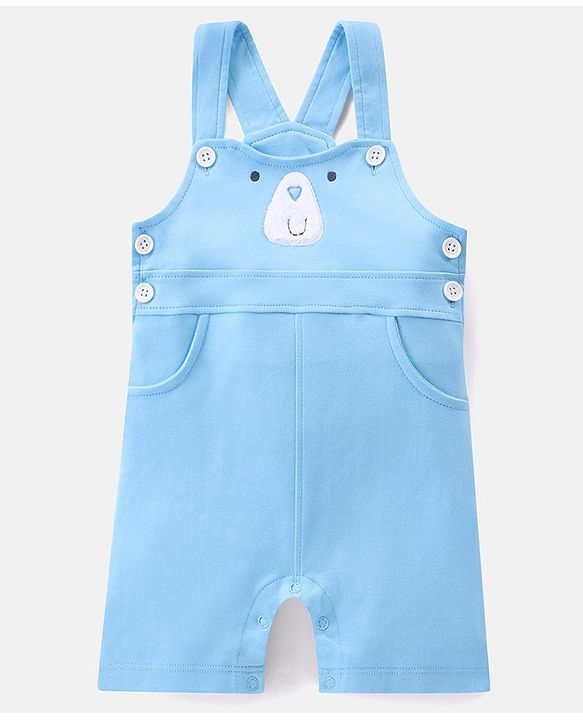 Babyhug Cotton Knit Dungaree with Striped Inner Tee & Teddy Applique - Blue
