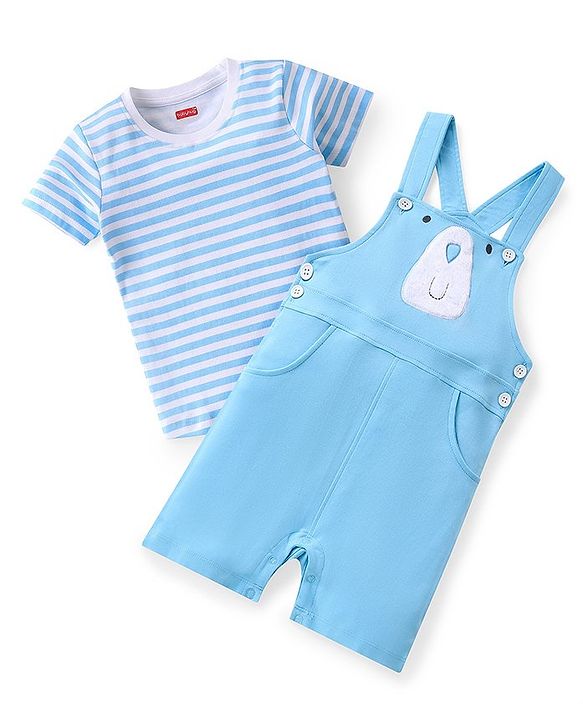 Babyhug Cotton Knit Dungaree with Striped Inner Tee & Teddy Applique - Blue
