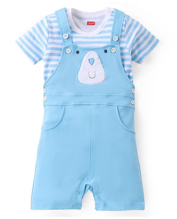 Babyhug Cotton Knit Dungaree with Striped Inner Tee & Teddy Applique - Blue