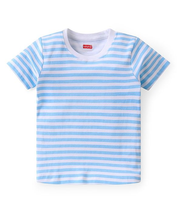 Babyhug Cotton Knit Dungaree with Striped Inner Tee & Teddy Applique - Blue
