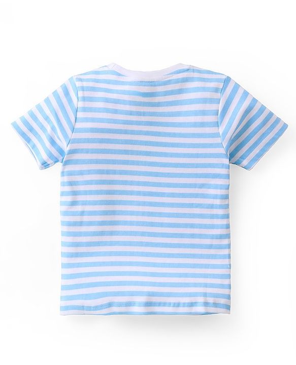 Babyhug Cotton Knit Dungaree with Striped Inner Tee & Teddy Applique - Blue