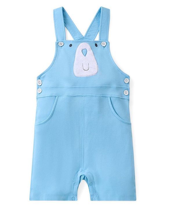 Babyhug Cotton Knit Dungaree with Striped Inner Tee & Teddy Applique - Blue