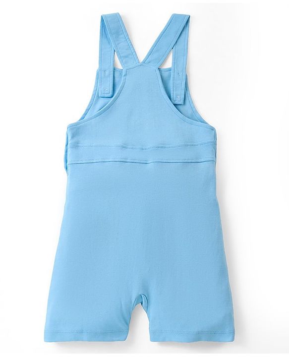 Babyhug Cotton Knit Dungaree with Striped Inner Tee & Teddy Applique - Blue