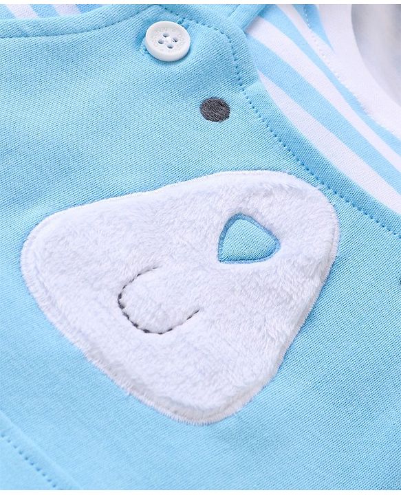 Babyhug Cotton Knit Dungaree with Striped Inner Tee & Teddy Applique - Blue
