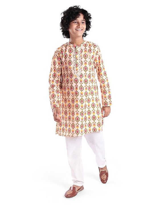 Pine Kids 100% Cotton Woven Full Sleeves Kurta & Pyjama Set With Ikat Print - White
