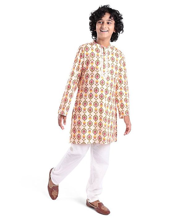 Pine Kids 100% Cotton Woven Full Sleeves Kurta & Pyjama Set With Ikat Print - White