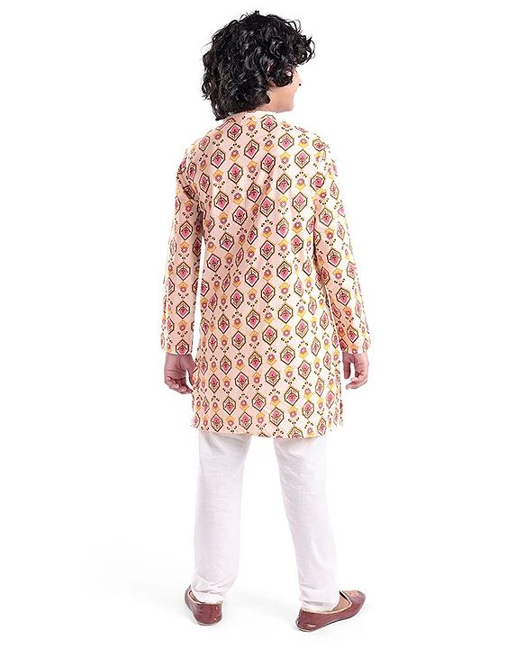 Pine Kids 100% Cotton Woven Full Sleeves Kurta & Pyjama Set With Ikat Print - White