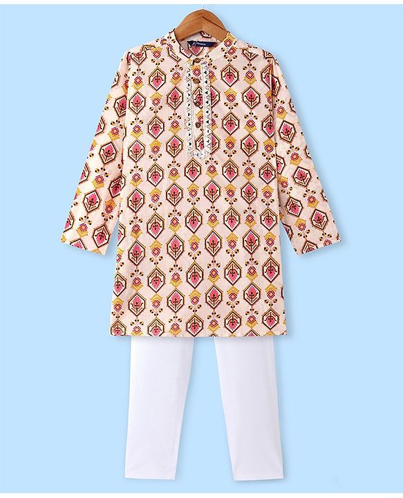 Pine Kids 100% Cotton Woven Full Sleeves Kurta & Pyjama Set With Ikat Print - White