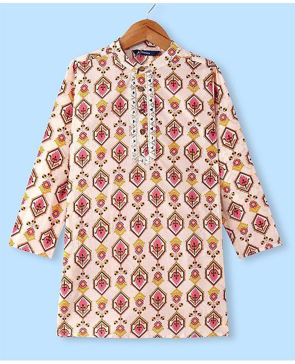 Pine Kids 100% Cotton Woven Full Sleeves Kurta & Pyjama Set With Ikat Print - White