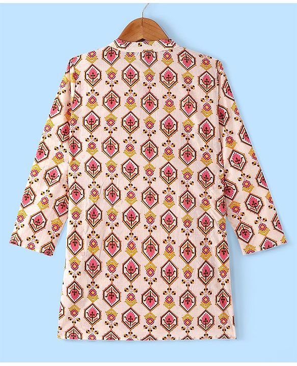 Pine Kids 100% Cotton Woven Full Sleeves Kurta & Pyjama Set With Ikat Print - White