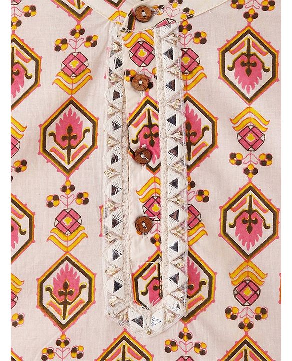 Pine Kids 100% Cotton Woven Full Sleeves Kurta & Pyjama Set With Ikat Print - White