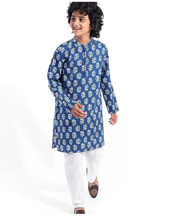 Pine Kids Cotton Woven Full Sleeves Kurta Pyjama Set Leaves Printed - Navy Blue