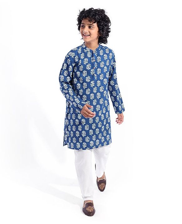 Pine Kids Cotton Woven Full Sleeves Kurta Pyjama Set Leaves Printed - Navy Blue