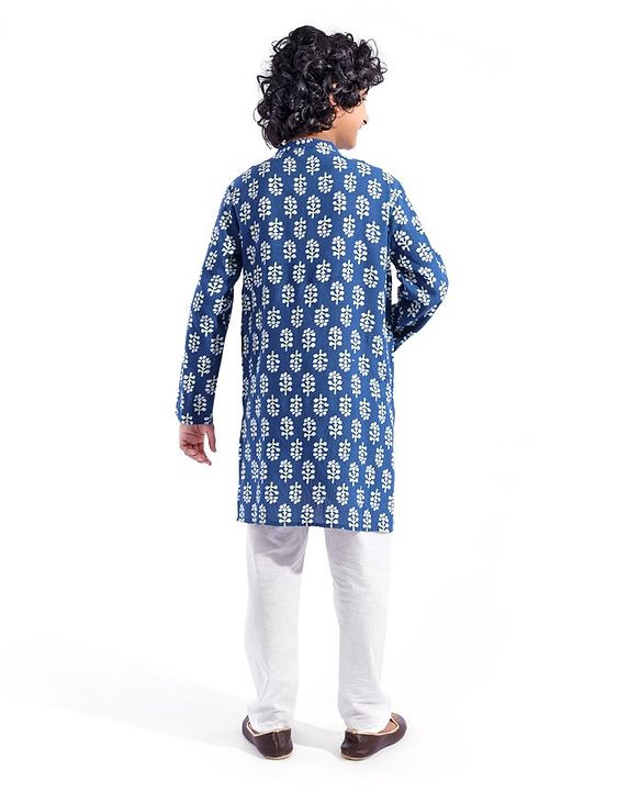 Pine Kids Cotton Woven Full Sleeves Kurta Pyjama Set Leaves Printed - Navy Blue