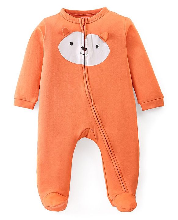 Babyhug Cotton Knit Full Sleeves Footed Sleep Suit Bear Applique - Orange