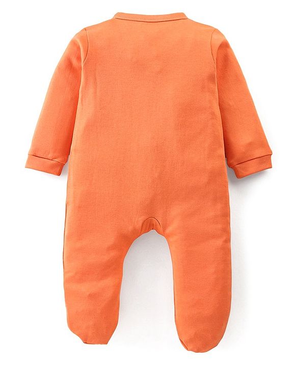 Babyhug Cotton Knit Full Sleeves Footed Sleep Suit Bear Applique - Orange