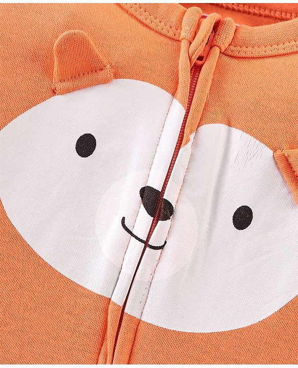 Babyhug Cotton Knit Full Sleeves Footed Sleep Suit Bear Applique - Orange