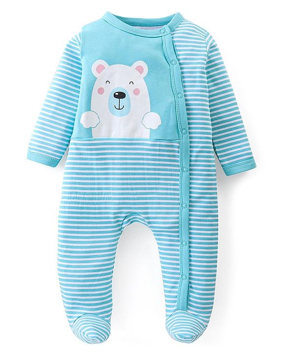 Babyhug Interlock Cotton Knit Full Sleeves Striped & Bear Print  Sleep Suit- Yellow
