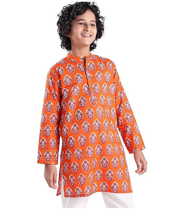 Pine Kids Full Sleeves Floral Printed Cotton Kurta - Orange
