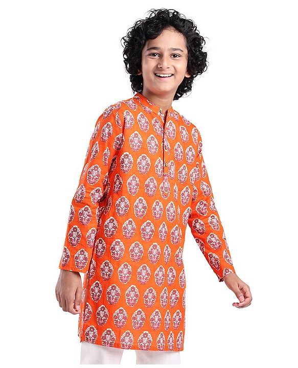 Pine Kids Full Sleeves Floral Printed Cotton Kurta - Orange