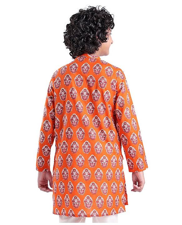 Pine Kids Full Sleeves Floral Printed Cotton Kurta - Orange