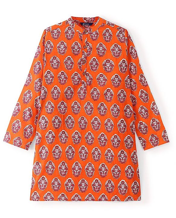 Pine Kids Full Sleeves Floral Printed Cotton Kurta - Orange