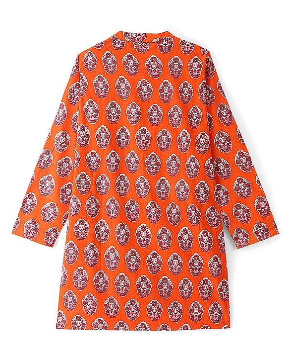 Pine Kids Full Sleeves Floral Printed Cotton Kurta - Orange