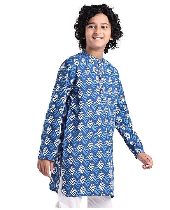 Pine Kids 100% Cotton Woven Full Sleeves Kurta Bandhani Print - Navy Blue
