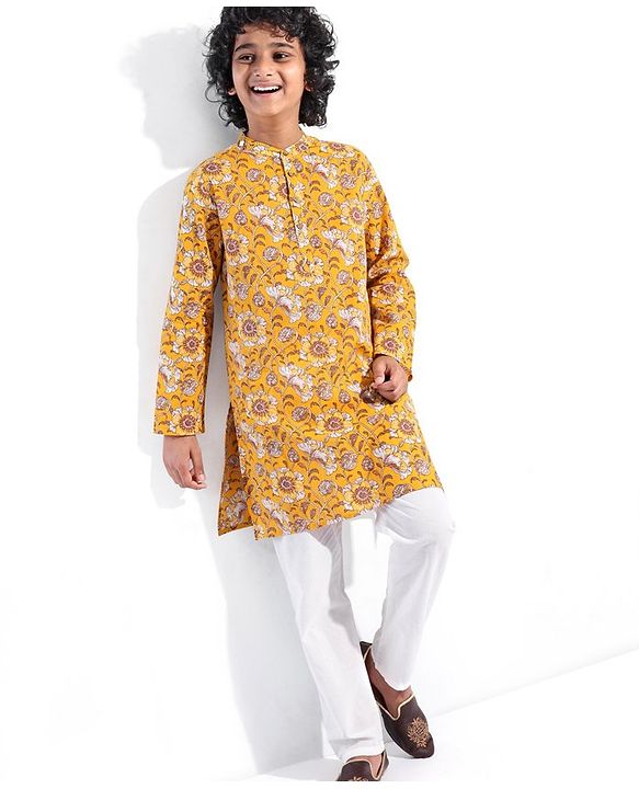 Pine Kids 100% Cotton Woven Full Sleeves Kurta Floral Print - Mustard