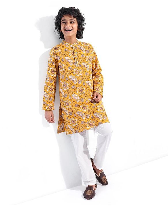 Pine Kids 100% Cotton Woven Full Sleeves Kurta Floral Print - Mustard