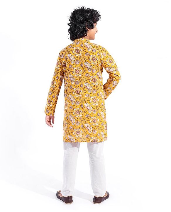 Pine Kids 100% Cotton Woven Full Sleeves Kurta Floral Print - Mustard