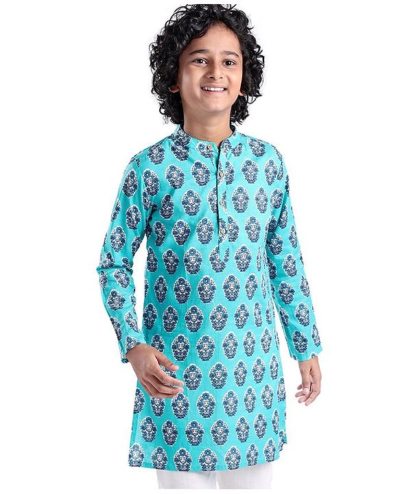 Pine Kids Full Sleeves Floral  Printed Cotton Kurta - Light Blue