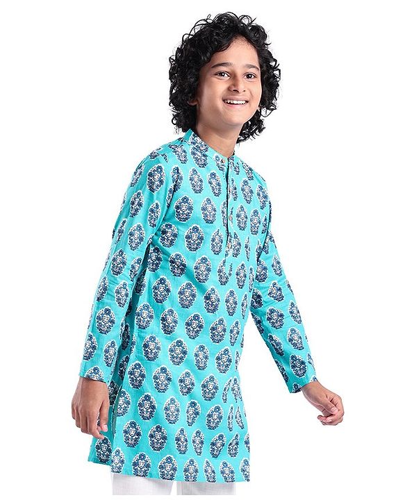 Pine Kids Full Sleeves Floral  Printed Cotton Kurta - Light Blue