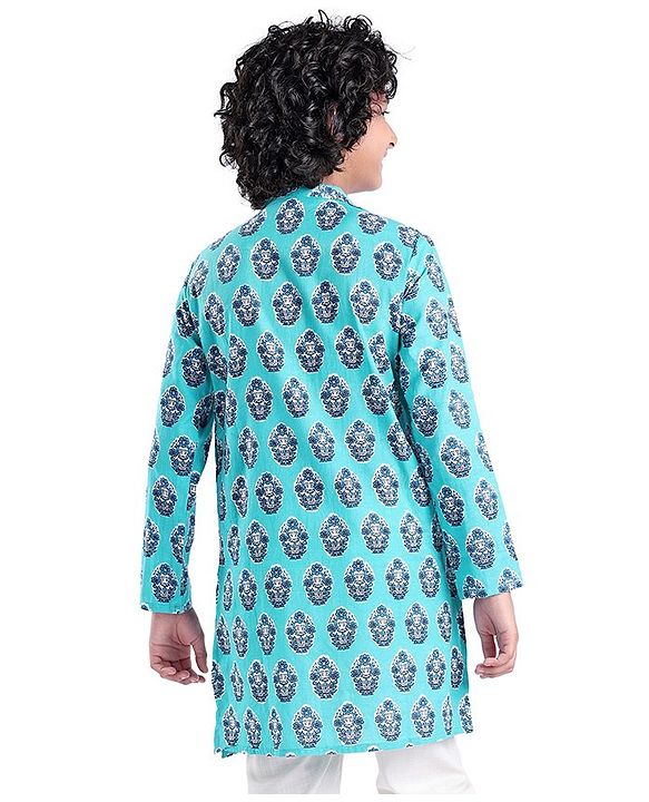 Pine Kids Full Sleeves Floral  Printed Cotton Kurta - Light Blue