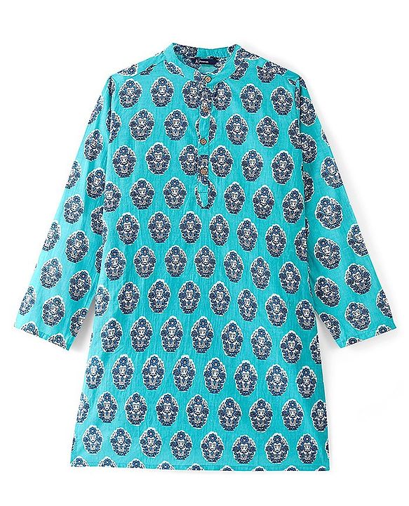 Pine Kids Full Sleeves Floral  Printed Cotton Kurta - Light Blue