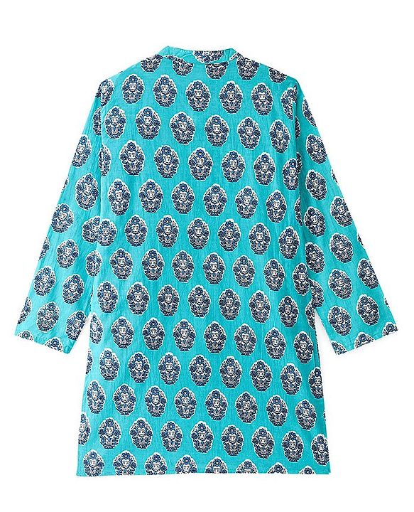 Pine Kids Full Sleeves Floral  Printed Cotton Kurta - Light Blue